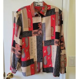 Vtg Blouse EHL Sz 12 Button Up Multi Print Colorful Patchwork Longsleeve Shirt